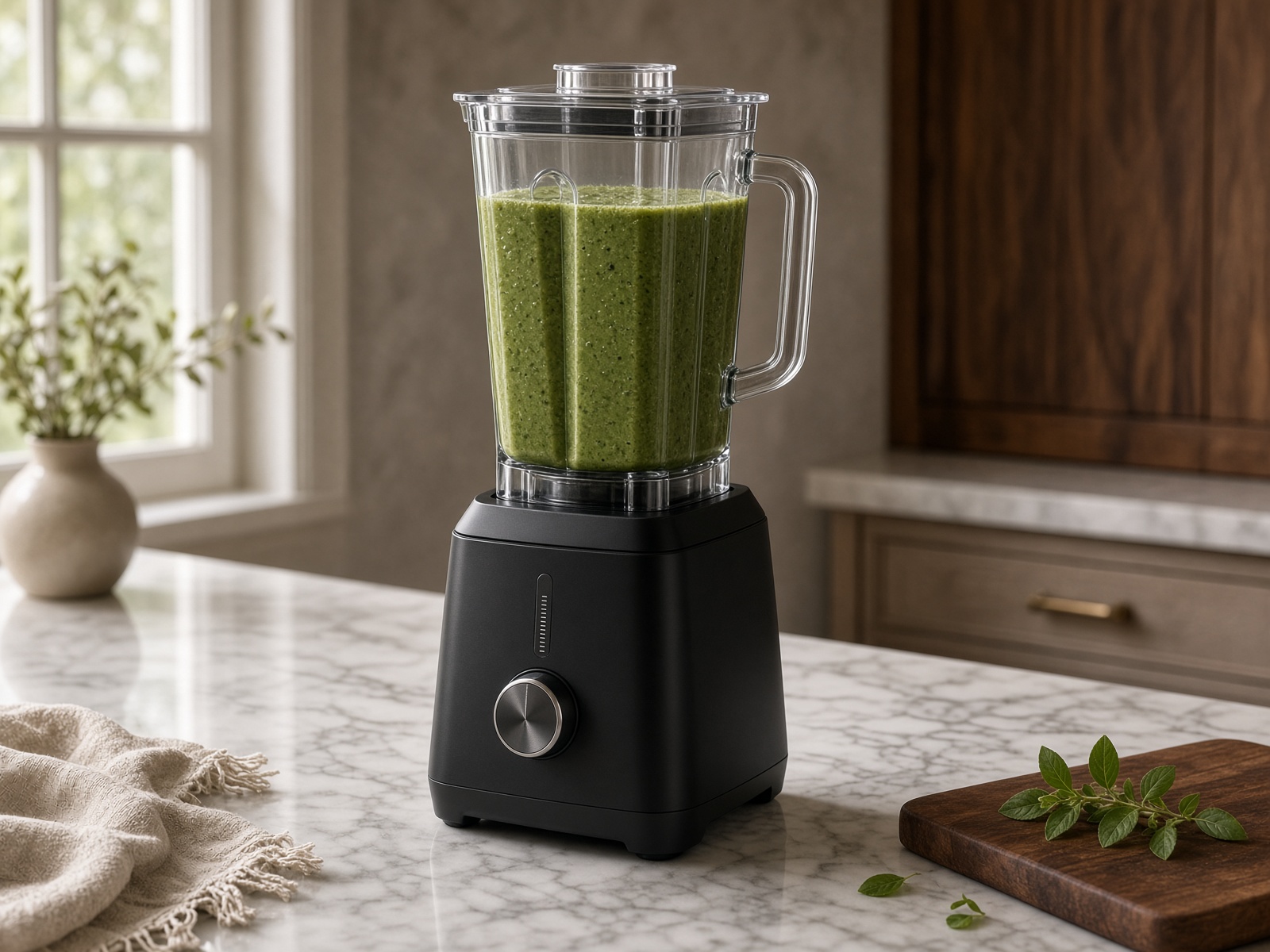 Tall high-speed blender filled with a green smoothie on a marble kitchen counter.