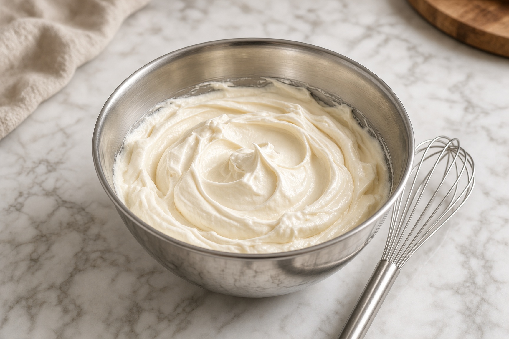 Stainless bowl of pale Swiss meringue buttercream with a balloon whisk on marble.