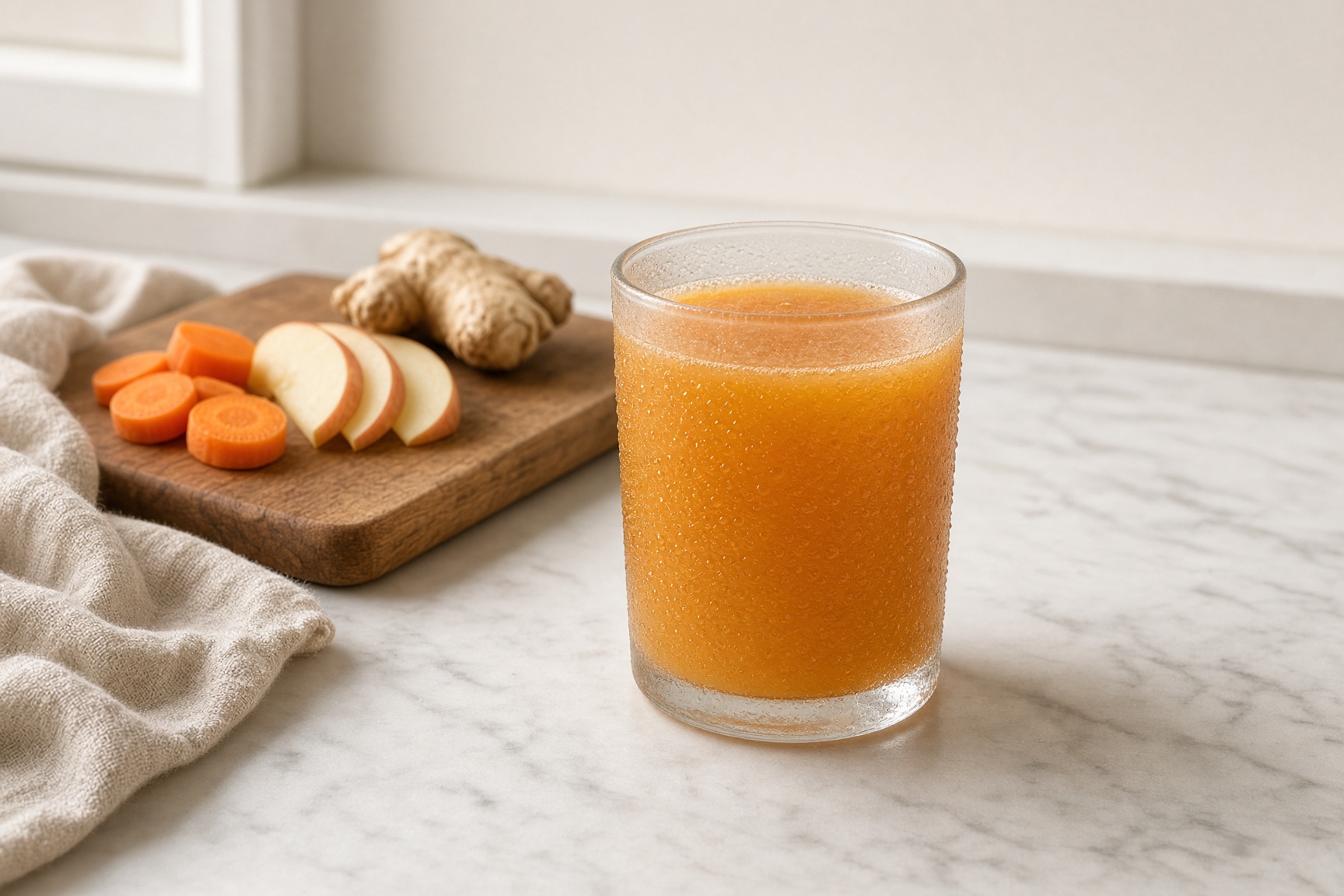 A short glass of fresh carrot-apple-ginger juice on marble with carrot coins, apple, and ginger.