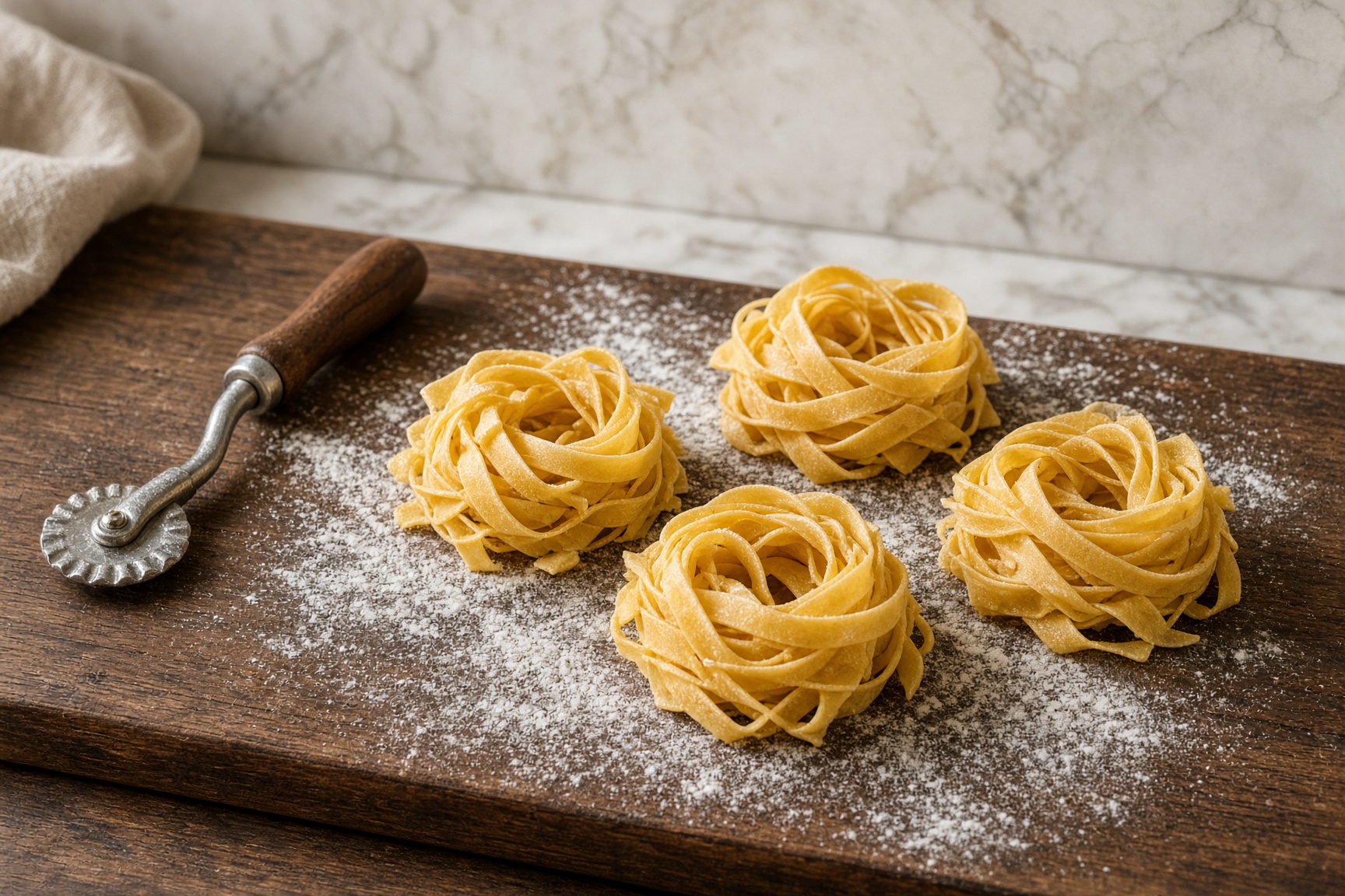 Nests of fresh egg fettuccine on a floured walnut board.