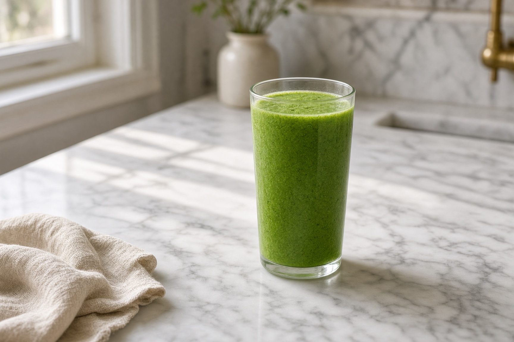 A tall glass of green smoothie on a marble counter in morning light.