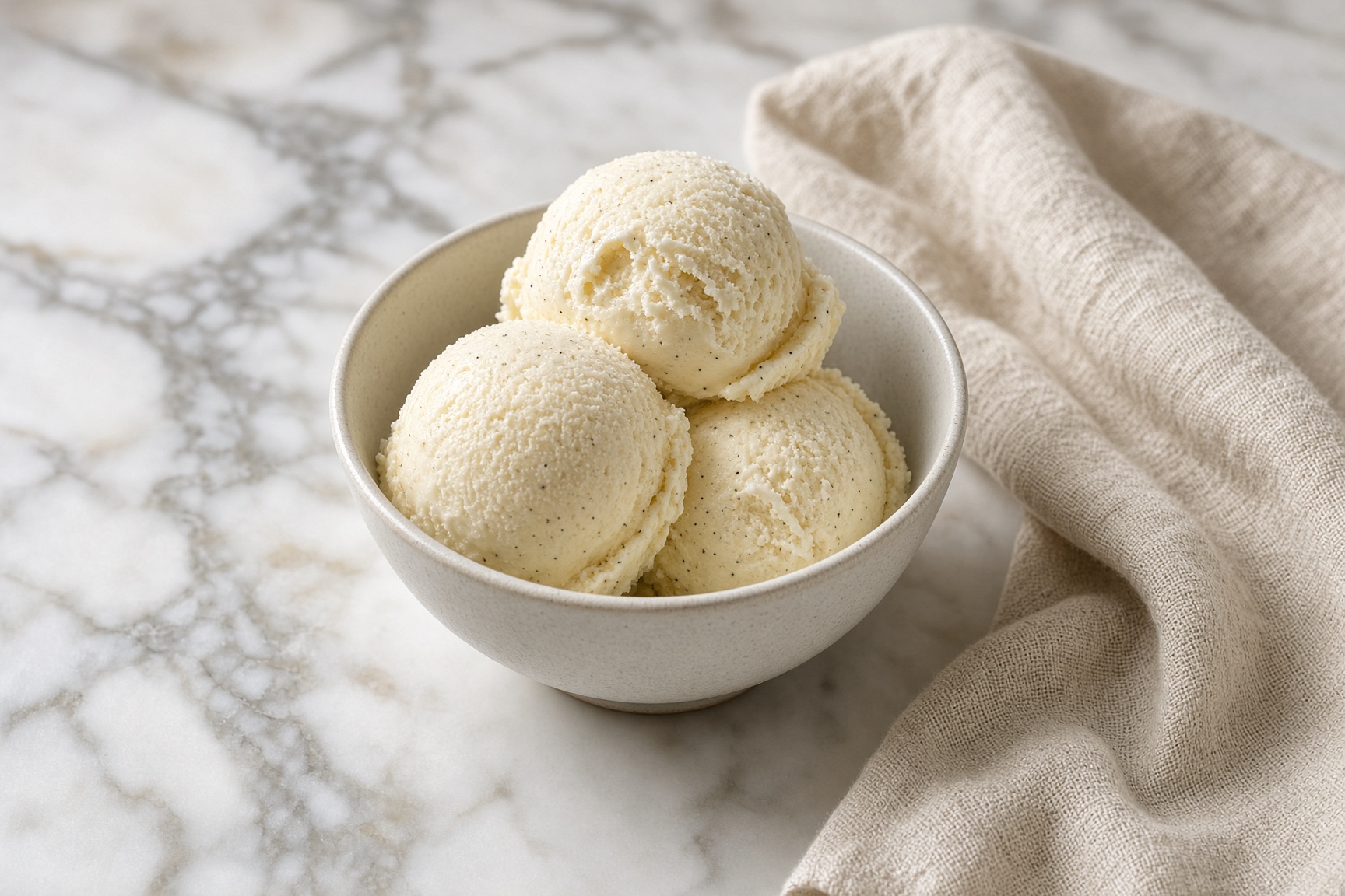 Scoops of vanilla bean ice cream in a ceramic bowl on marble.