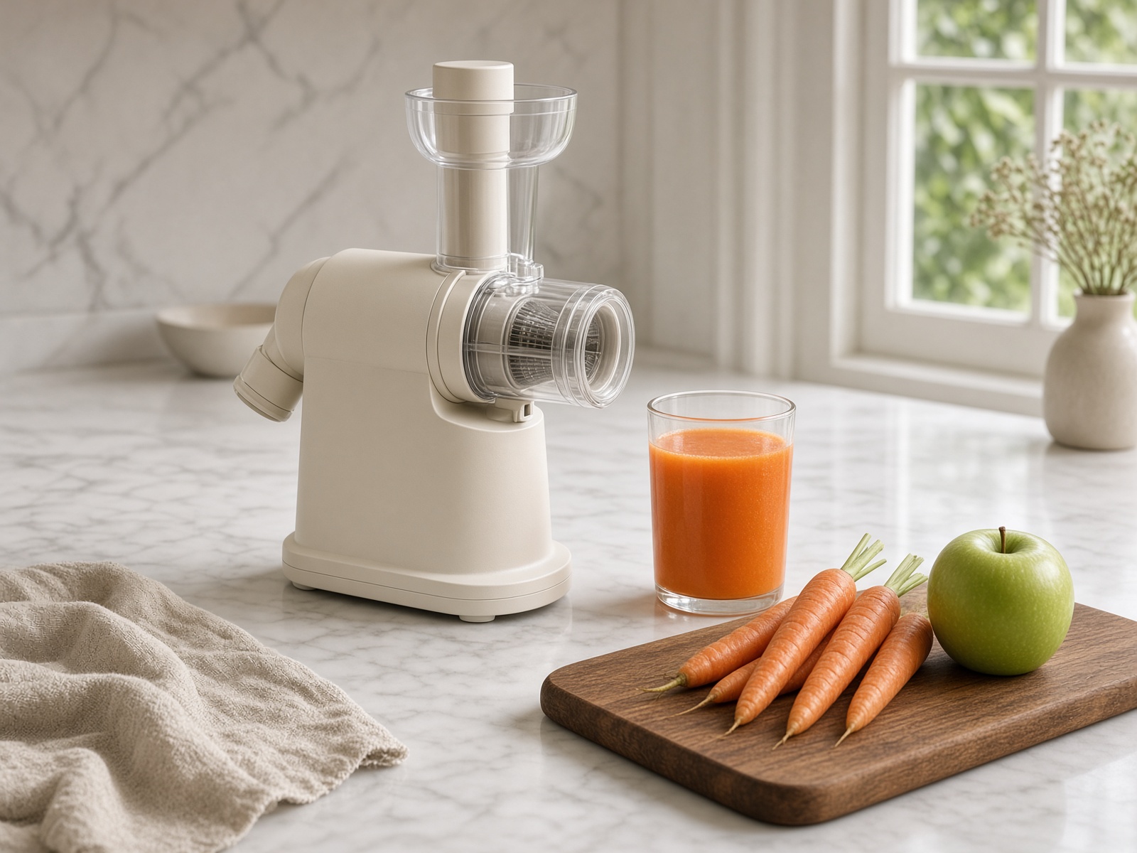 Cream masticating juicer on a marble counter with a glass of carrot-apple juice and whole carrots.