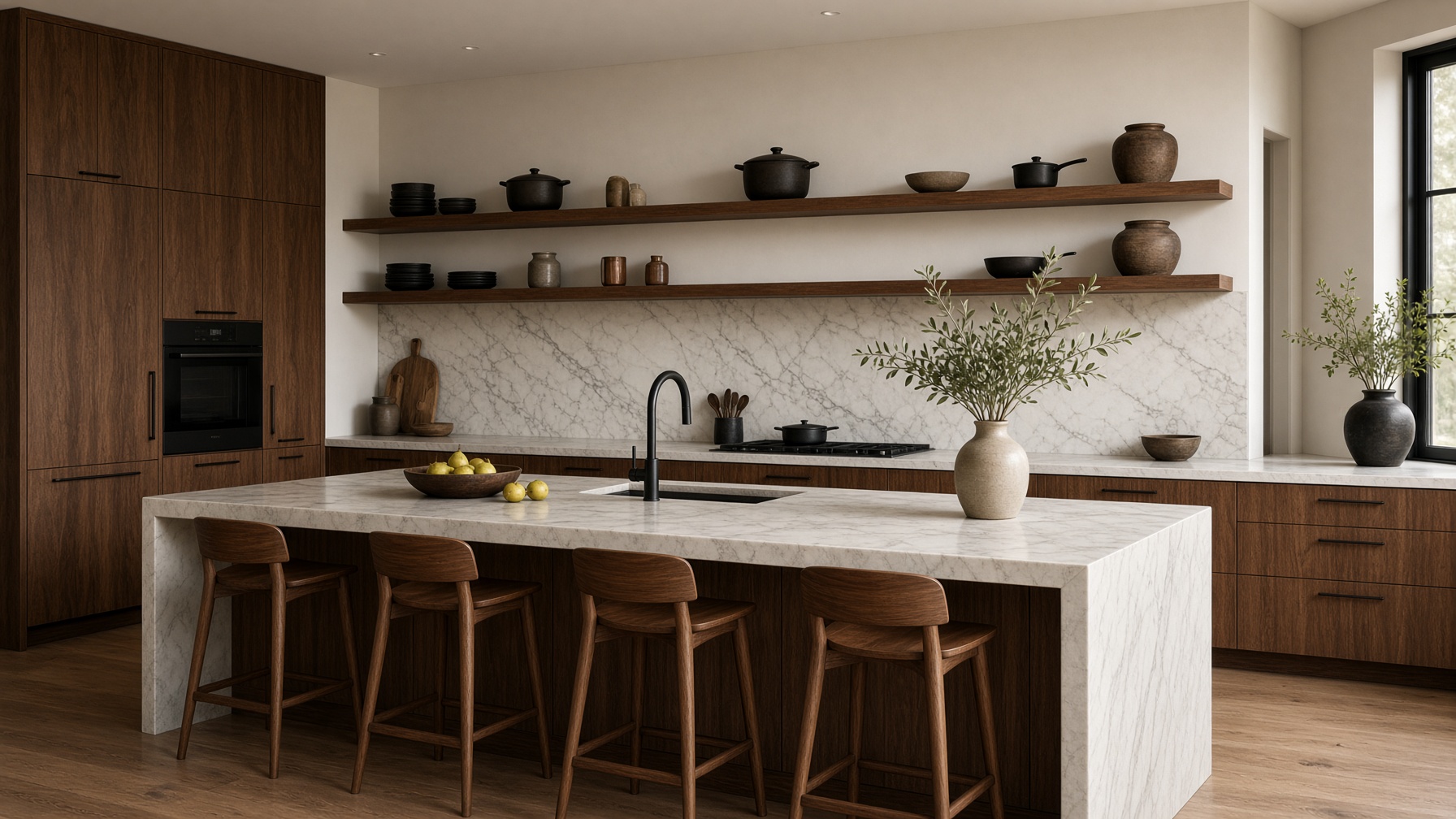 A quiet marble kitchen with walnut stools and open wood shelves of cookware.