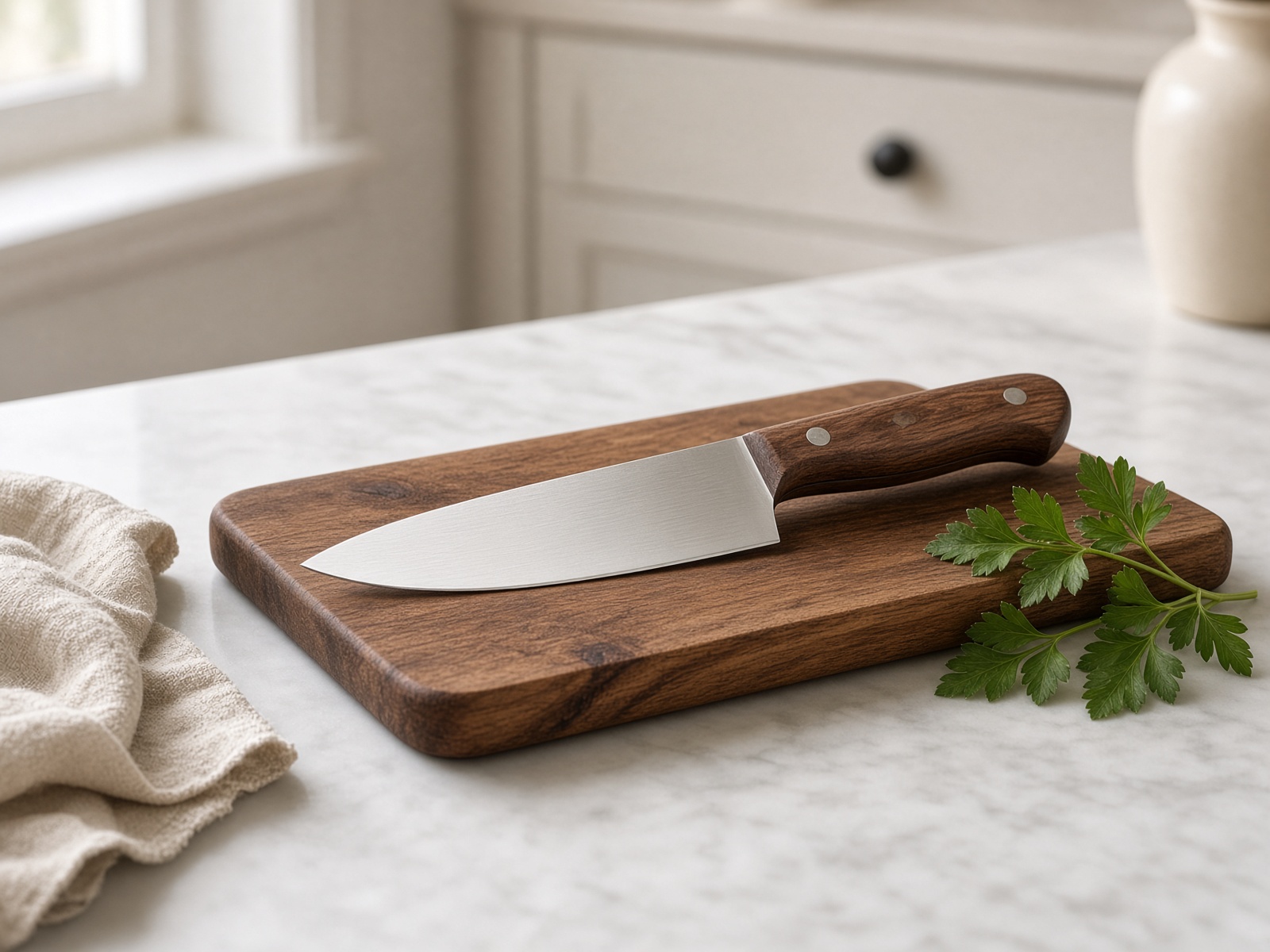 An 8-inch walnut-handled chef's knife on a walnut board with parsley, marble counter, north light.