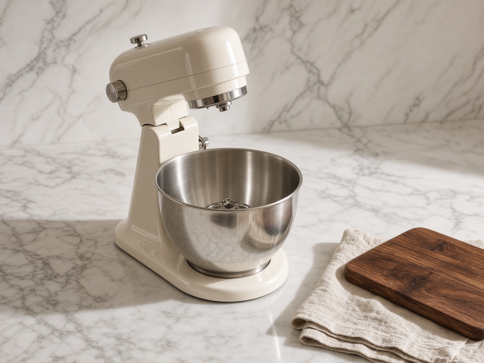 Cream enamel stand mixer with a stainless bowl on a marble counter beside a walnut board.