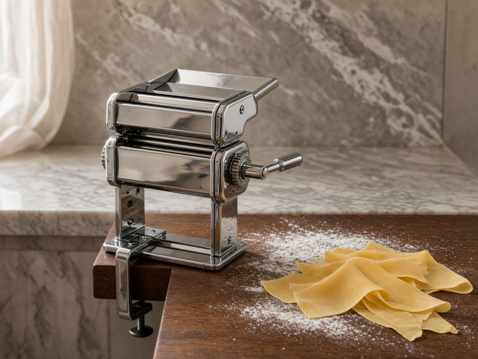 Chrome pasta roller clamped to a walnut table with sheets of fresh egg pasta.