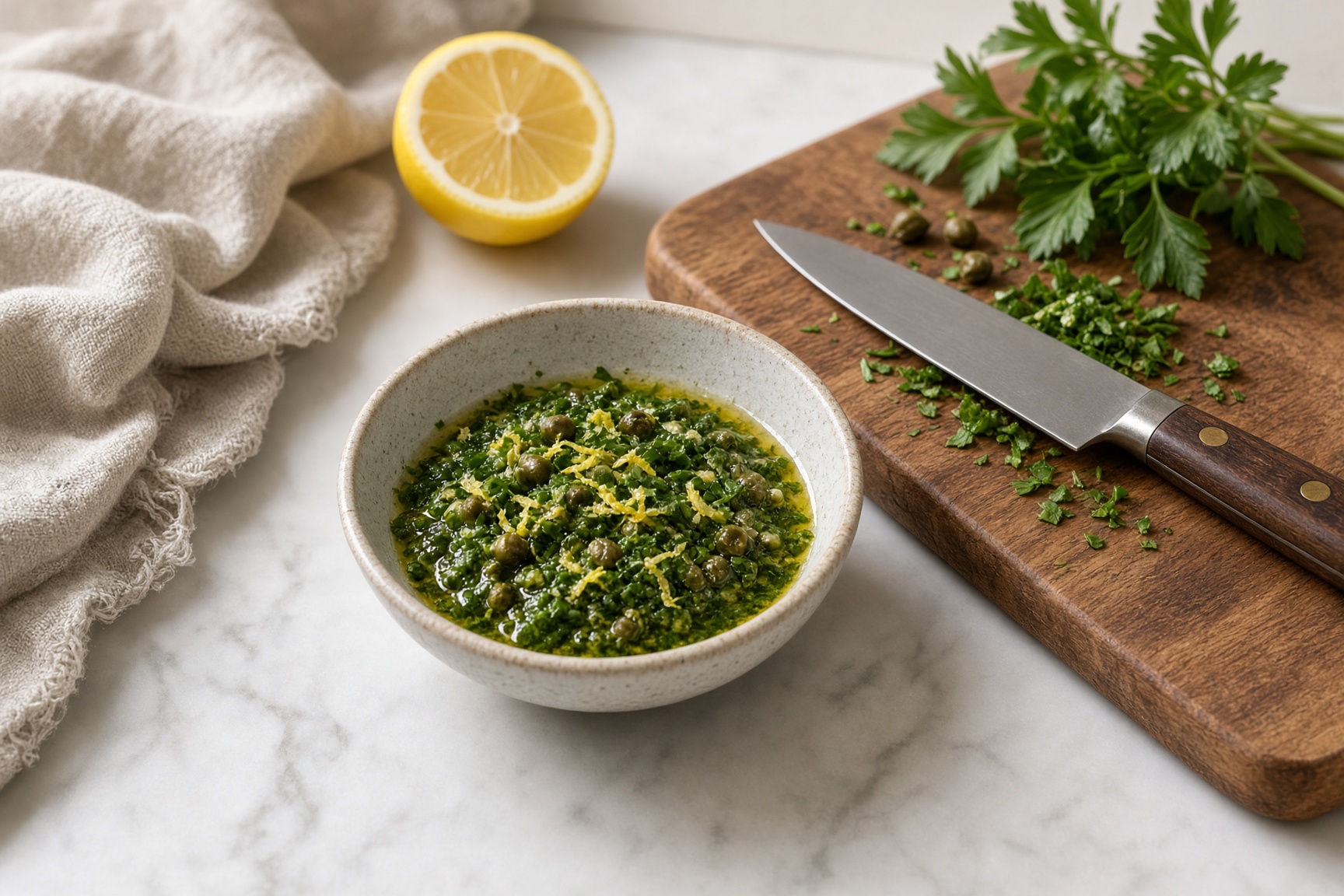 A ceramic bowl of chopped salsa verde with a chef's knife, herbs, and lemon on a walnut board.