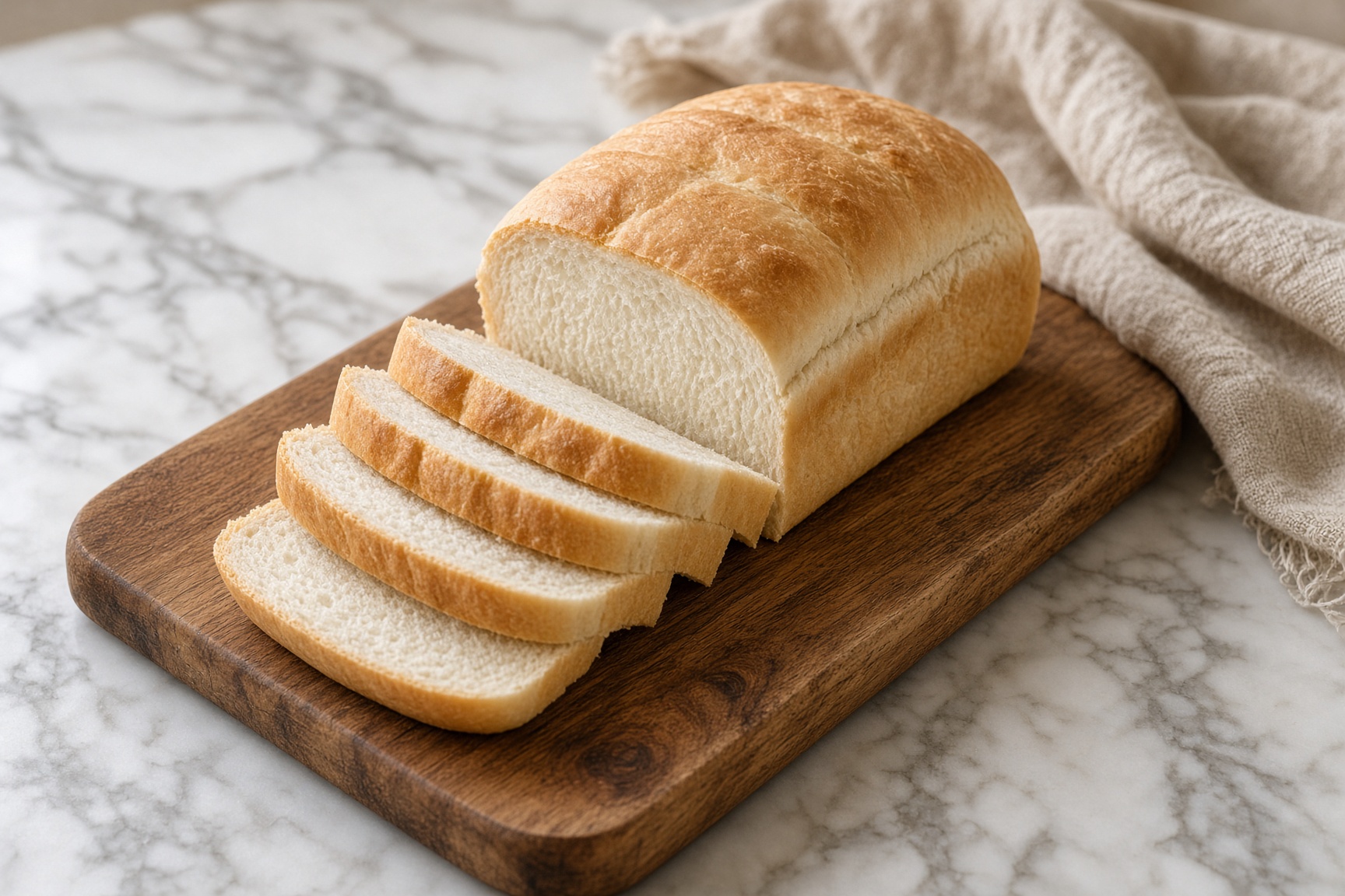 Sliced sandwich loaf on a walnut board, showing a soft tight crumb and pale golden crust.