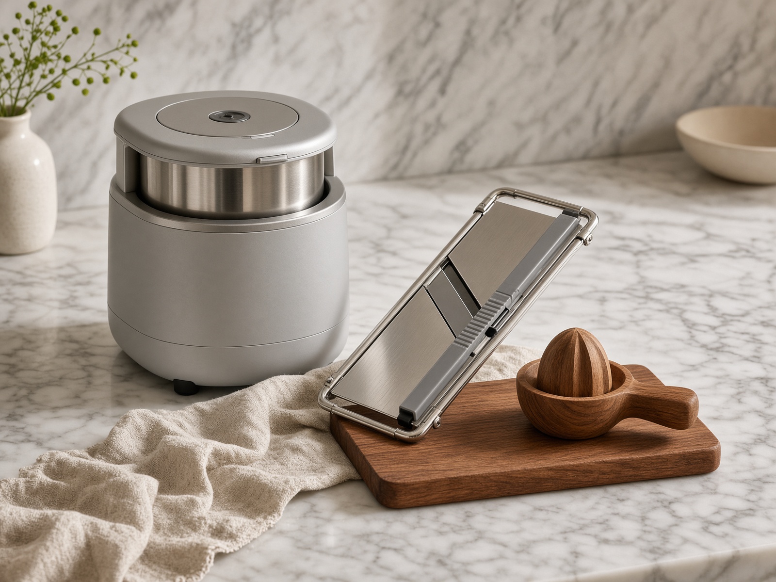 Ice cream maker, mandoline, and wooden citrus press arranged on marble with a walnut board.